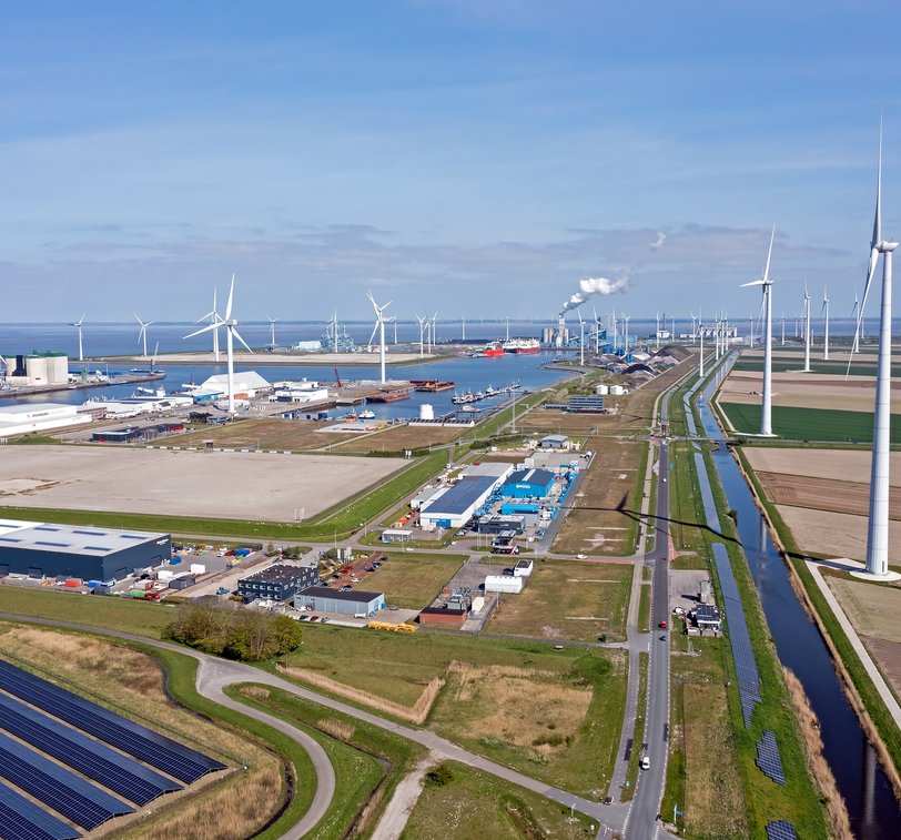 2325523349 Aerial,From,Windmills,And,Industry,At,Eemshaven,In,The,Netherlands